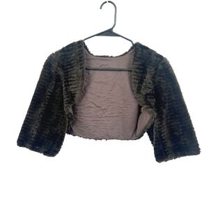 VTG Faux Fur Bolero Shrug Jacket XS S Brown Cropped Formal Mob Wife Glam Bridal